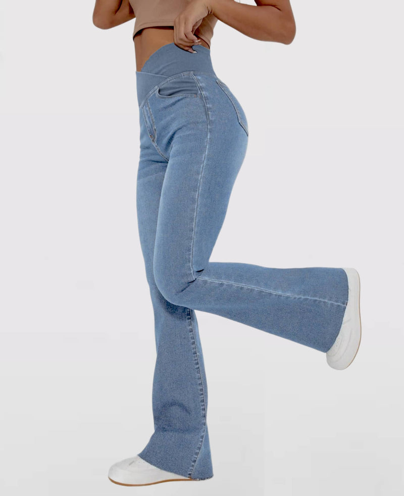 Calça Jeans de Cintura Alta Cruzada [CALÇA EFEITO BARRIGA CHAPADA] Calça Jeans de Cintura Alta Cruzada Direct Ofertas Azul claro PP (34) 