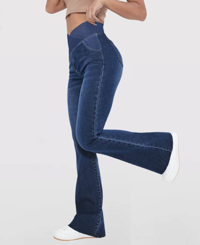Calça Jeans de Cintura Alta Cruzada [CALÇA EFEITO BARRIGA CHAPADA] Calça Jeans de Cintura Alta Cruzada Direct Ofertas Azul escuro PP (34) 